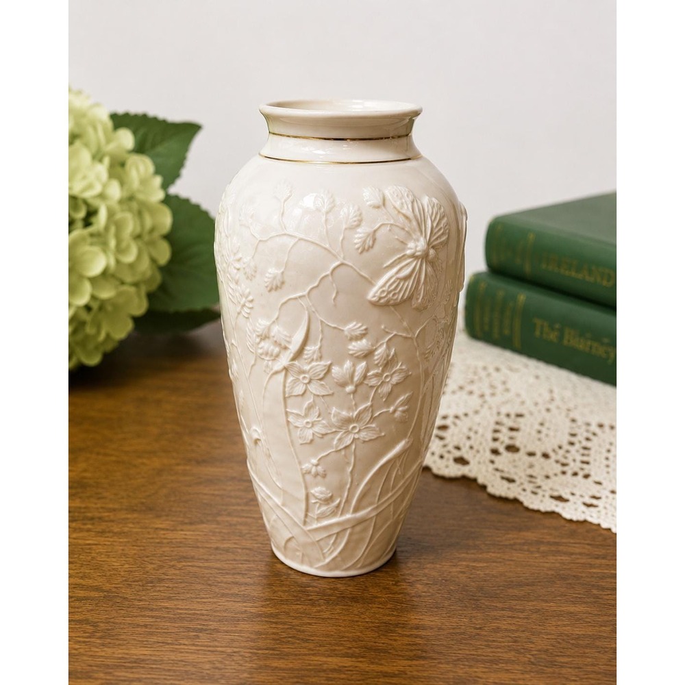 Belleek Collectors Society Butterfly Vase Irish Porcelain Embossed Floral Gold